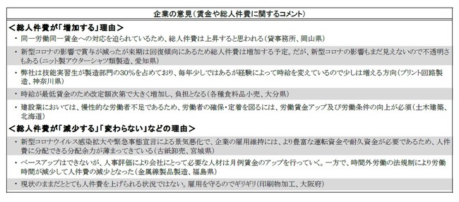 企業の意見（賃金や総人件費に関するコメント）