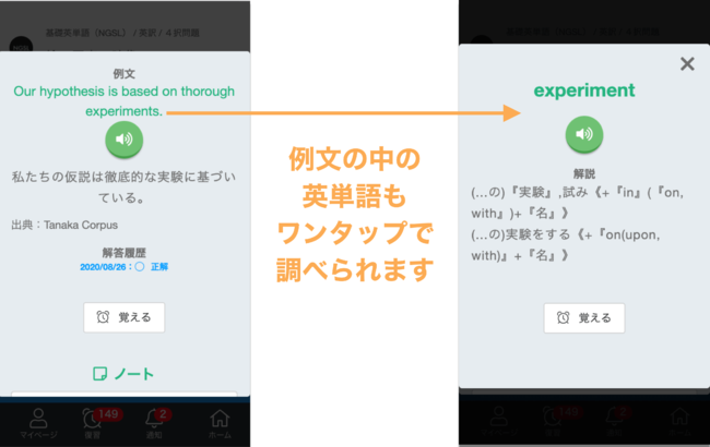 例文内の単語をワンタップ・ワンクリックで調べられます。