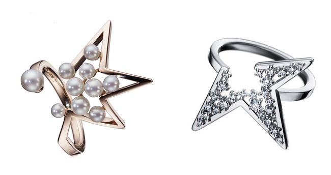 TASAKI：　「アブストラクト スター」リング 左：【SAKURAゴールド、淡水真珠】￥200,000 右：【WG K18、ダイヤモンド】￥300,000 （いずれも本体価格）©TASAKI