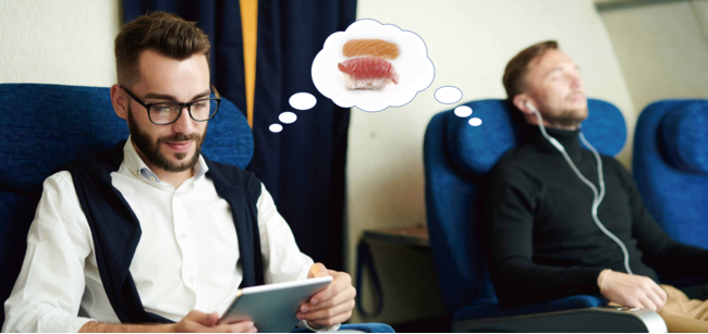 (イメージ) 機内にて見ず知らずのお客様同士、お寿司が目的で日本に来ていたことをWEBアプリで発見