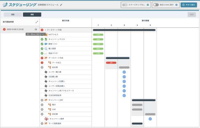 履歴画面上でエラー箇所確認