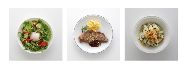 （左）ガーリックサラダ　（中央）やみつきステーキ　（右）ポテトサラダ