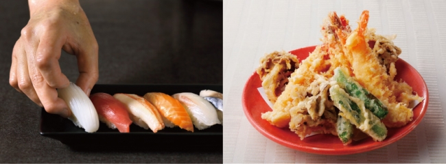 左：握り寿司　海老と野菜の天婦羅　右：