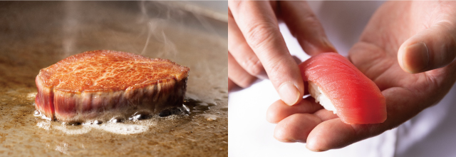 左：北海道産牛ヒレ肉のステーキ　 右：握り寿司