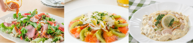 左：ローストビーフとカリフラワーのデリサラダ　中：サーモンとキウイフルーツのデリサラダ　右：ほたてのサラダ仕立て