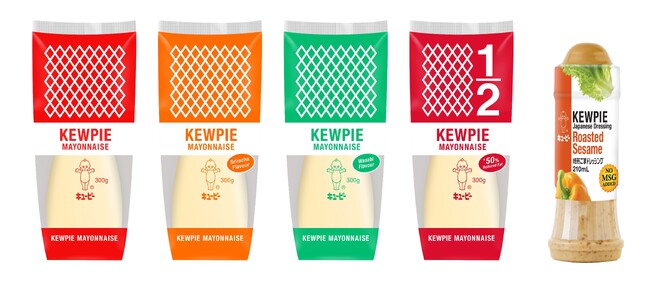 販売品目例:左から「キユーピー マヨネーズ」「キユーピー マヨネーズ シラチャーフレーバー」 「キユーピー マヨネーズ わさびフレーバー」「キユーピー マヨネーズ 脂質50%カット」「キユーピー 焙煎ごまドレッシング」(全てキユーピータイランド製) 販売品目例:左から「キユーピー マヨネーズ」「キユーピー マヨネーズ シラチャーフレーバー」 「キユーピー マヨネーズ わさびフレーバー」「キユーピー マヨネーズ 脂質50%カット」「キユーピー 焙煎ごまドレッシング」(全てキユーピータイランド製)