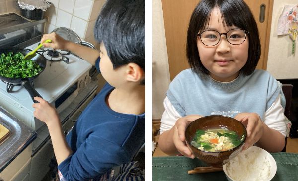 小松菜とじゃこのふりかけと、かきたま汁を家庭で調理しました。
