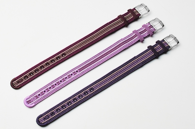 人気の昇苑 組みひもストラップ。京都オープン記念カラー。左から「紫檀」「葵」「深紫」