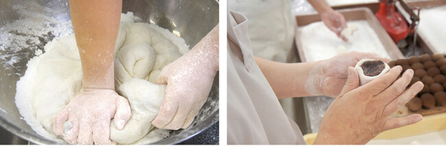 ※写真は製造風景のイメージです。「IRODORI薯蕷饅頭」とは色・サイズが異なります。