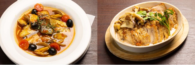 (左)鰤とアサリのグリル 梅サフランスープ仕立て (右)きのこと鶏もも肉オーブン焼き UMEシャンピニオンソース (左)鰤とアサリのグリル 梅サフランスープ仕立て (右)きのこと鶏もも肉オーブン焼き UMEシャンピニオンソース