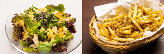 (左)蒸し鶏と玉子のサラダ The CHOYAブレンド人参ドレッシング (右)梅紫蘇風味のフライドポテト (左)蒸し鶏と玉子のサラダ The CHOYAブレンド人参ドレッシング (右)梅紫蘇風味のフライドポテト