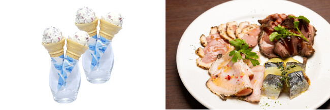 (左)アイスクリームな梅ポテトサラダ (右)肉・魚・野菜の前菜盛り合わせ (左)アイスクリームな梅ポテトサラダ (右)肉・魚・野菜の前菜盛り合わせ