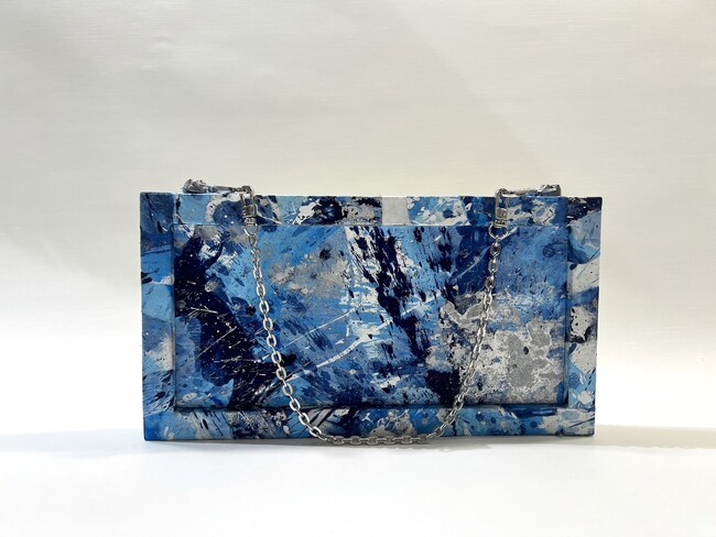 『青い』No.002 青い墨、アクリル、特殊塗装、和紙、木材 H130×W292×D25cm ￥99,000（税込）