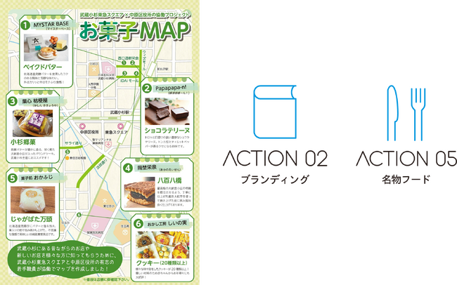 お菓子MAP（表面）（左）、「ACTION 02」マーク（中央）、「ACTION 05」マーク（右）