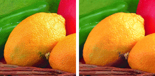 左：他社製ソフトで減色した画像を200%へ拡大、右：OPTPiX iméstaで減色した画像を200%へ拡大