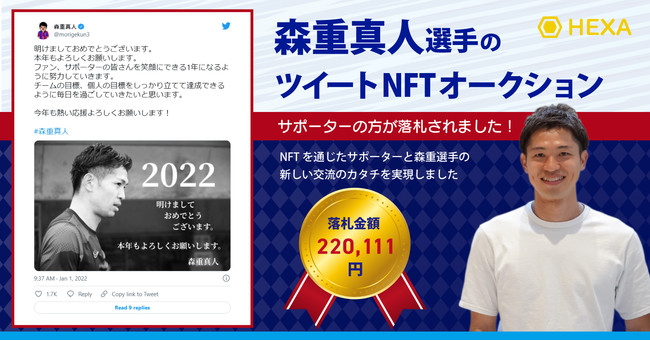 プロサッカー選手「森重真人」のツイートNFTはFC東京サポーターの方が落札！NFTを通じた新しいファンとの交流が実現しました！