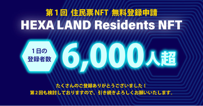 1日で6,000人超の住民登録申請がありました！HEXA LAND Residents NFT（住民票NFT）