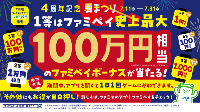 1等はファミマのアプリ史上最大額！！ゲームに参加するだけで100万円