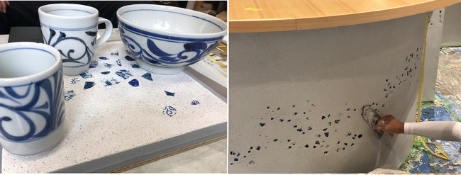 愛媛県が誇る国指定伝統的工芸品「砥部焼」（写真左）／砥部焼の破片とリサイクルガラス砂の家具（写真右）