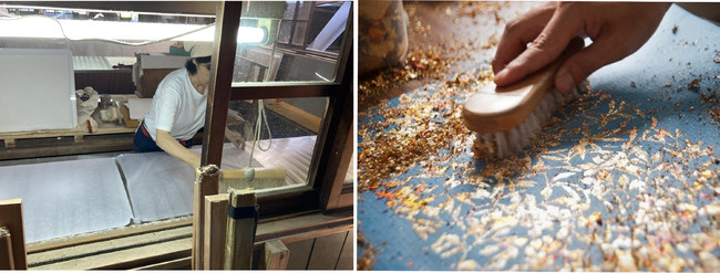 国指定伝統的工芸品「大洲和紙」作業風景（写真左）／フランスの伝統的な金箔工芸技術“ギルディング”（写真右）