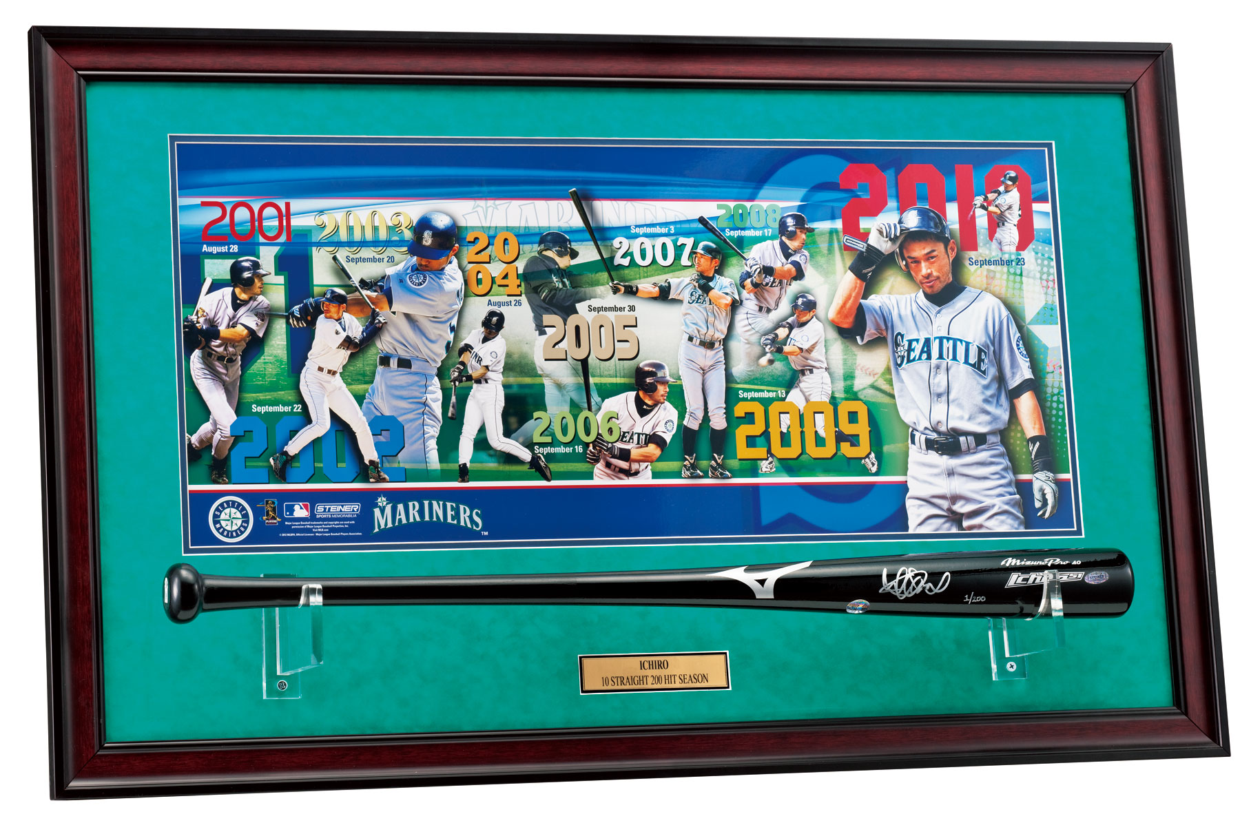 イチロー直筆サインボール MLB 10年連続200本安打達成記念 豪華展示額入り-