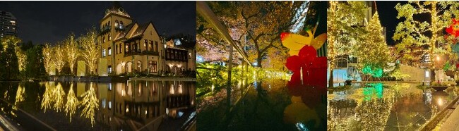 左：赤坂プリンス クラシックハウス イルミネーション（過去開催の様子）　中央・右：館内各所もシャンパンゴールドに（過去開催の様子）