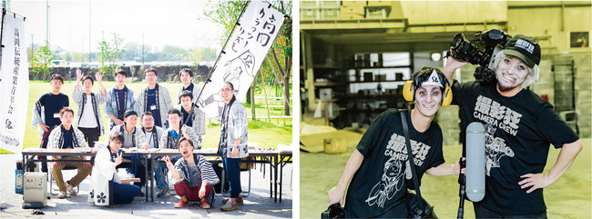 左：現在会員数約40名の高岡伝統産業青年会　右：撮影のためなら、メイクだってします！