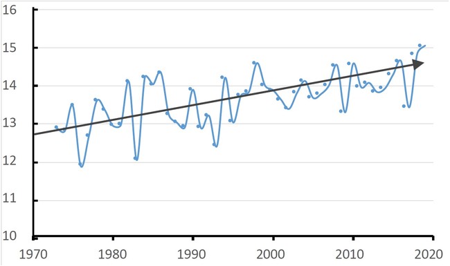 図4　山中湖の年平均水温(℃)の経年変動