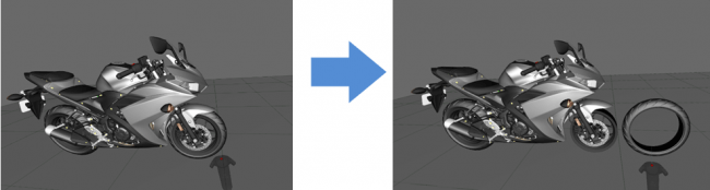VR空間でコントローラーを使ってタイヤを着脱できます