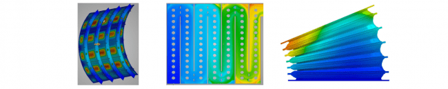 （左より）薄板パーツの解析結果(8 GBのGPUで計算)、定常流れの解析結果、ゴム製ベローズの変形