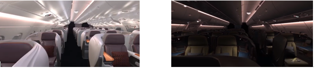 VRXPERIENCEを用いて航空機内部の照明をVR空間で可視化した画像。 左：点灯状態、右：消灯状態（常夜灯のみ点灯）