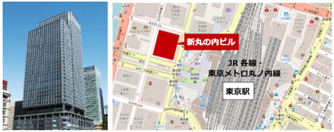 ▲（左から）「新丸の内ビル」外観、周辺図　©OpenStreetMap contributors