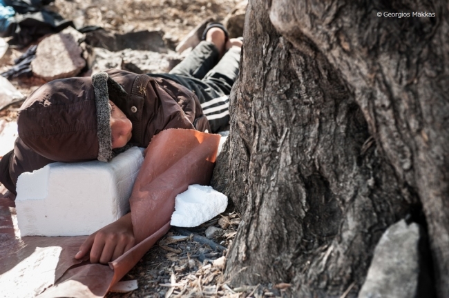 レスボス島のカラ・テペで、木の下で眠るシリア人難民の男の子