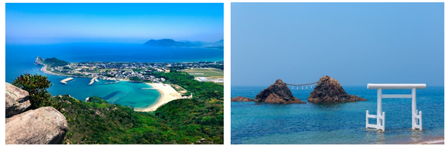 （【イメージ写真】左：糸島上立石山からみる景色。　右：桜井二見ヶ浦の夫婦岩）