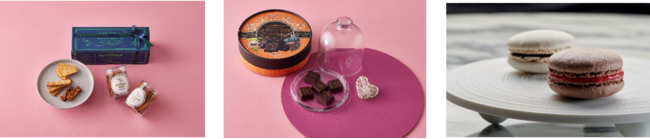 画像左より、エレファントリング 焼き菓子3セット（グランドフードホール）／ギルトフリー トリプルカッター(R)？チョコレート（エステプロ・ラボ 六本木）／ヴィーガンマカロンミックス（エストネーション）