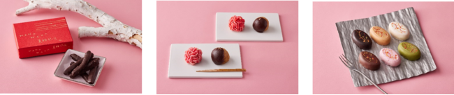 画像左より、夏柑ピール（菓子の記録帖 （菜の花））／バレンタイン上生菓子（菓子の記録帖 （巖邑堂））／ふゆうじょん　ホワイト 6個入（和菓子 結）