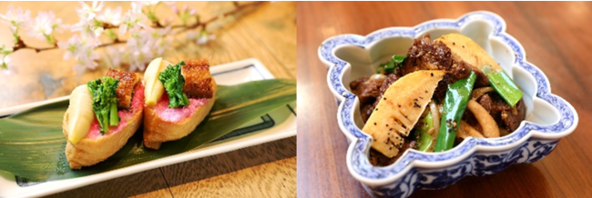 画像左より、鰻處 黒長堂/ぴんとこな「鰻入り春のいなり寿司」、中国料理 ゴールデンタイガー「筍と牛肉の黒胡椒炒め」 画像左より、鰻處 黒長堂/ぴんとこな「鰻入り春のいなり寿司」、中国料理 ゴールデンタイガー「筍と牛肉の黒胡椒炒め」