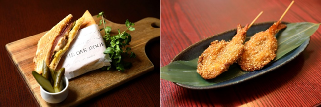 画像左より、グランド ハイアット 東京「グリルド・キュバーノサンドイッチ」、インド料理 ディヤ「インド風海老のゴマ揚げ」