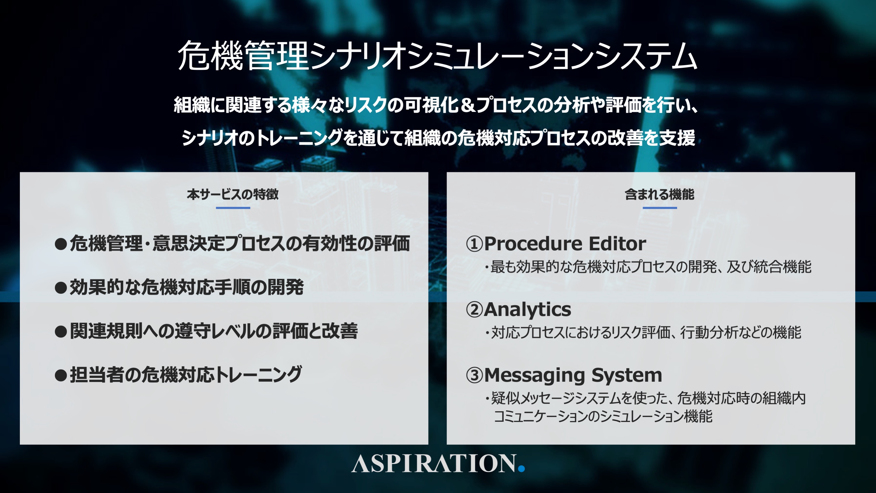 アクシデント発生時のbcp対策に 世界最先端のノウハウを用いた危機管理シナリオシミュレーションシステムを提供開始 アスピレイション株式会社 アスピ レイション株式会社のプレスリリース