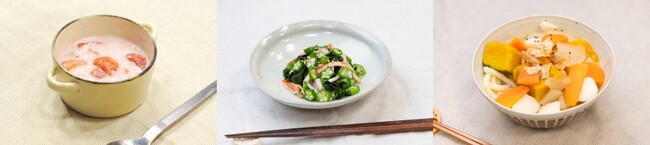 (冷凍食品アレンジレシピ　左：いちごのライスプディング、中：おくらとわかめの酢の物、右：ほうとう風うどん)