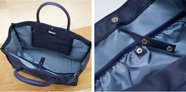 (左)バッグ内側の生地の色が明るいため、荷物が見つけやすい。(右)内ポケットのボタンは2段階調節可能なので、上履きや書類など、中に入れるものに合わせてサイズ調節ができます。