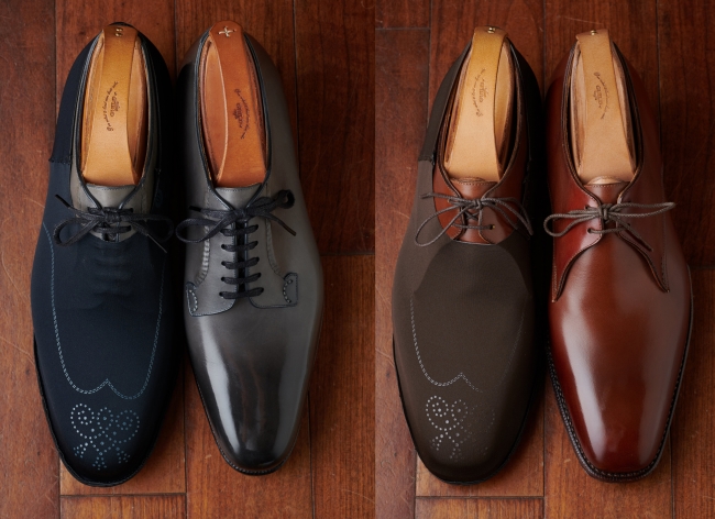 右足がレインブレイカーを装着した靴 右足がレインブレイカーを装着した靴