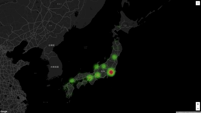 投稿をした場所のヒートマップ