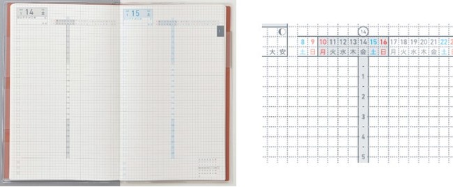 （左）「ジブン手帳 DAYs （A5スリムサイズ）」、（右）スケジュールページ拡大