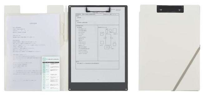 「書類がすっきり分けられるクリップホルダー」イメージ／（左）見開き時、（右）持ち運び・保管時
