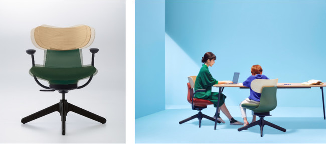 写真左：座面が360°自由に動くingLIFE（コクヨ標準仕様） 写真右：家族でingLIFE に座って仕事と生活を楽しむ様子（コクヨ標準仕様）