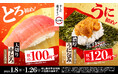 今年も、「すしに真っすぐ!」スシローですし初め。「大切り中とろ」が税込100円~、「濃厚うに包み」が今なら税込120円~で登場!