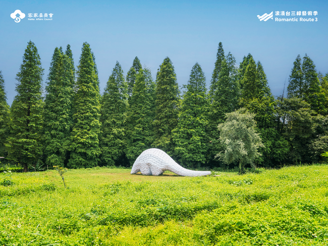 新竹横山｜陳湘馥『眠れる少年』 落羽松林と客家の人々が信仰する土地神を祀る伯公廟を背景に休耕地で休む巨大な煌めくセンザンコウが、訪れる人々を迎えます。(C)️ロマンチック台三線芸術祭, 藤木植人, 山冶計画