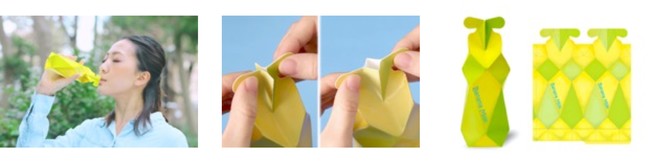 画像左：「折り紙容器」利用イメージ／画像中央、画像右：「折り紙容器」イメージ