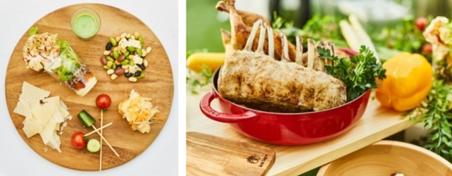 （左）前菜ブッフェ盛り合わせイメージ　（右）メイン料理イメージ